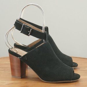 i8-13 Vionic Womens Kaia Sandals Block Heel Peep Toe Black Suede Buckled Size 7